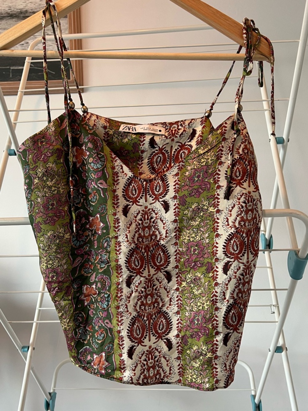 Zara Green White Burgundy Paisley Satin Cami